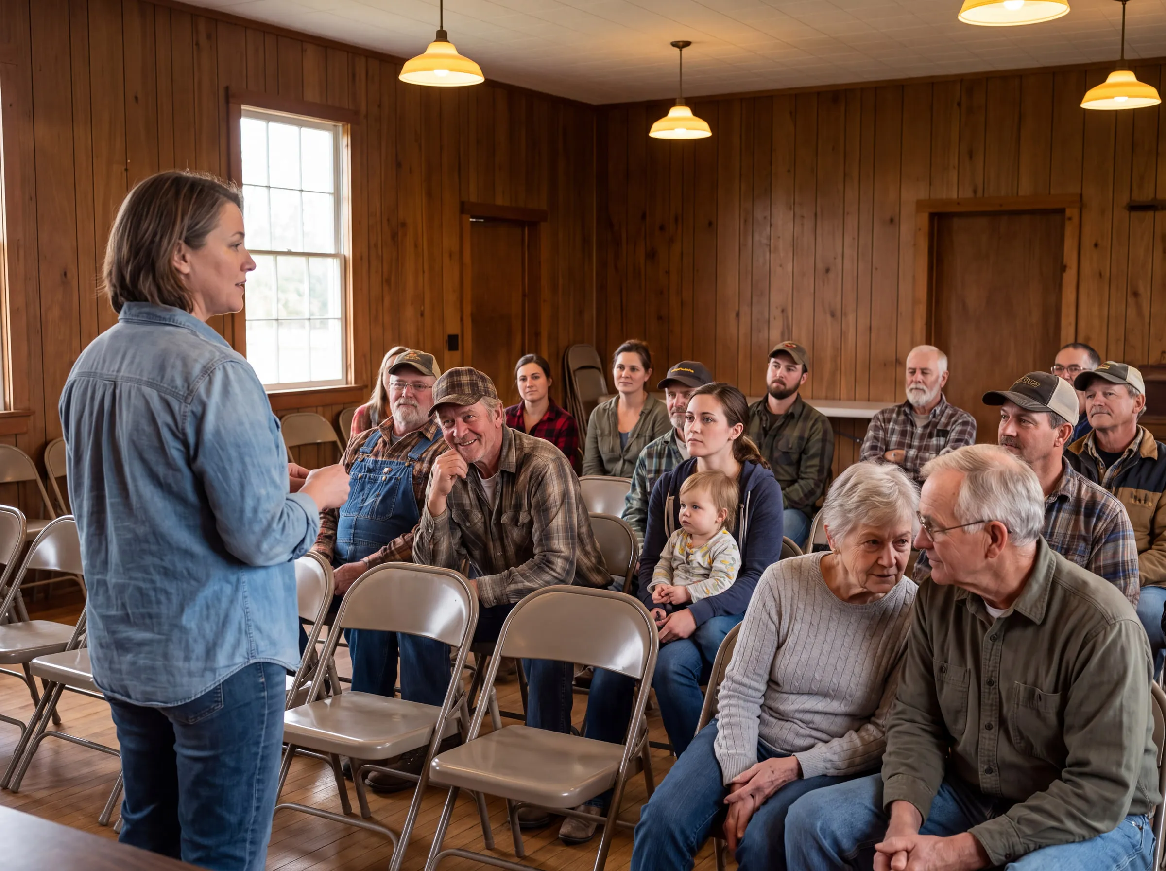 Neighbors listening at a community meeting in a small-town grange hall