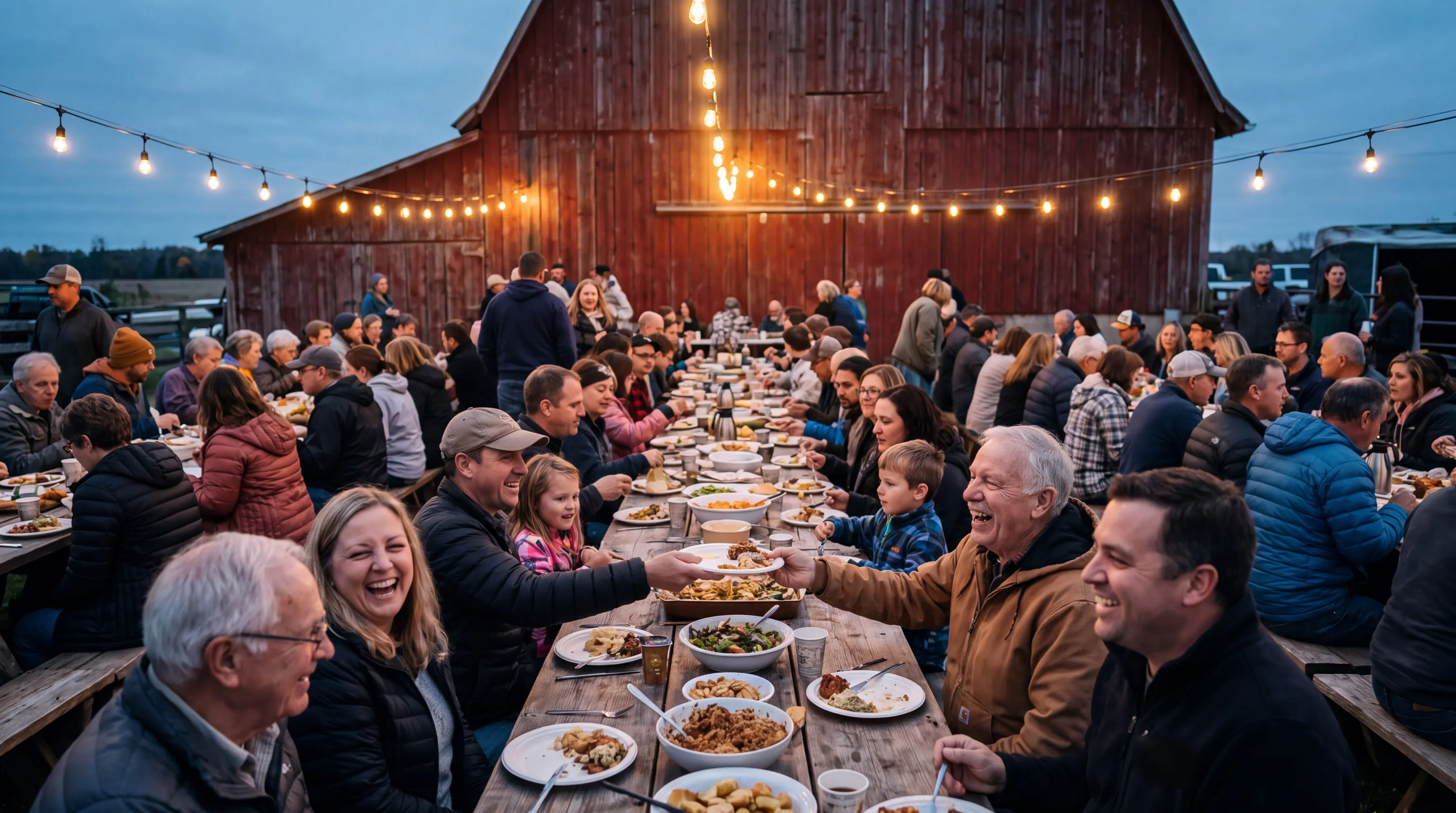 Neighbors sharing an outdoor potluck under string lights on a farm at dusk