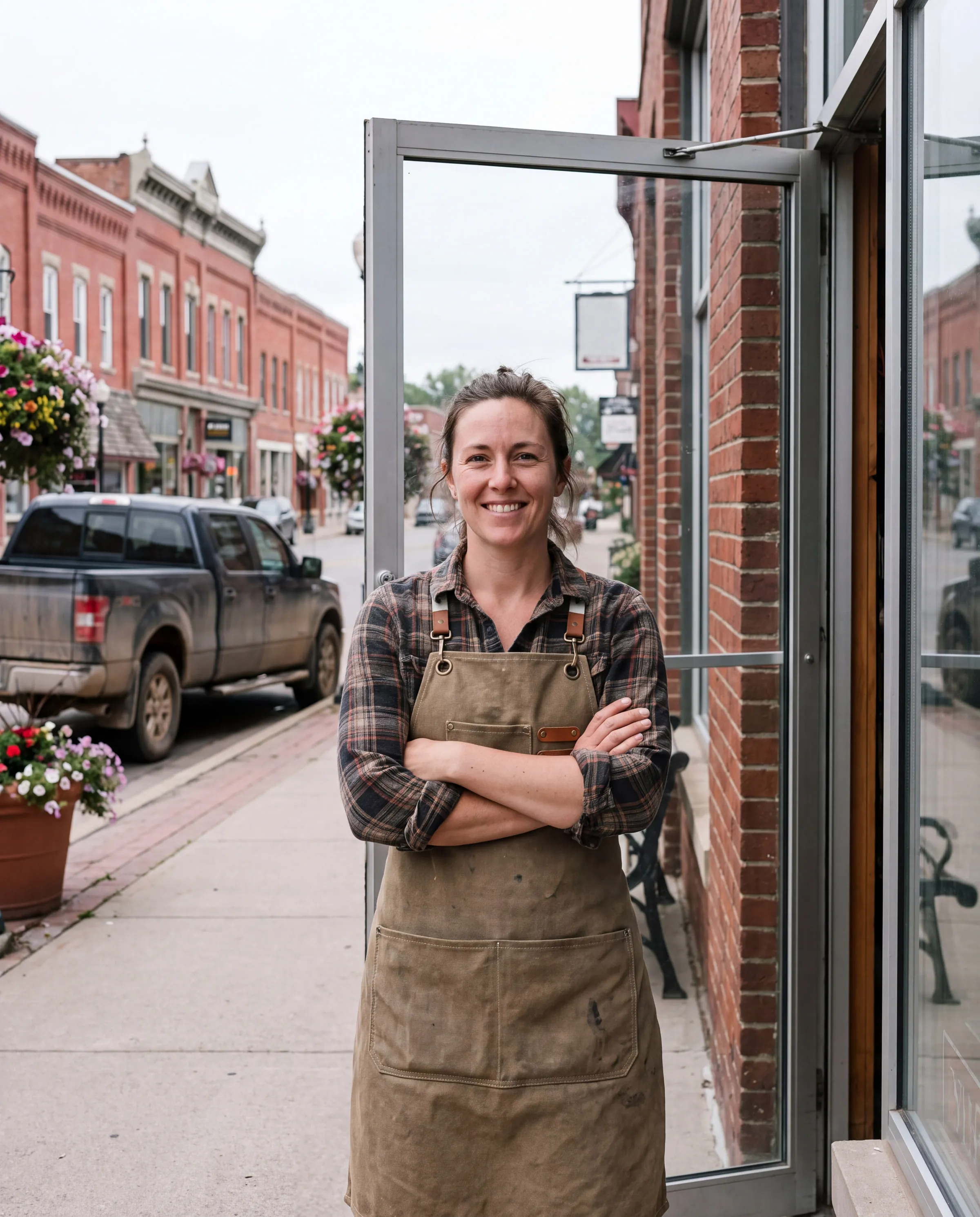 A shop owner standing in the doorway of her hardware store on a small-town main street