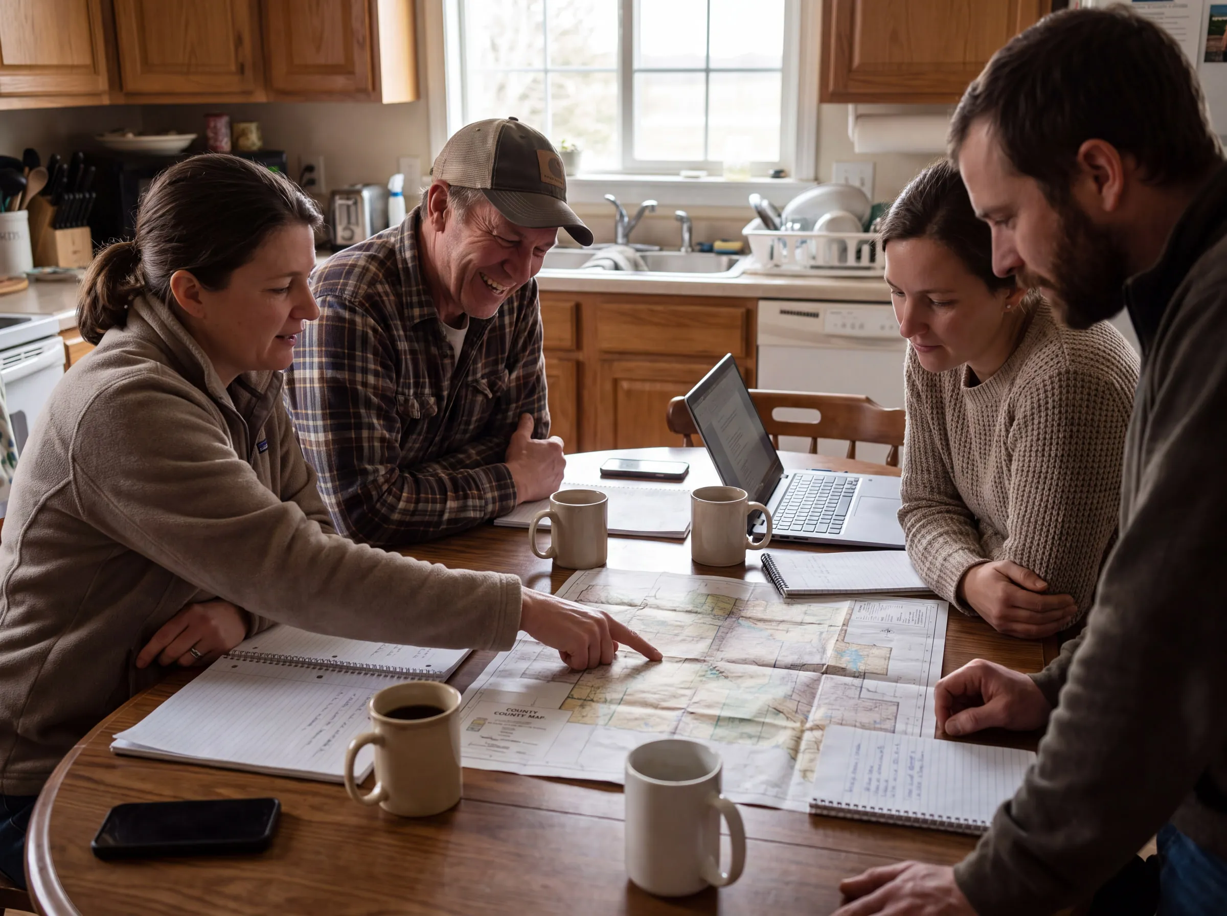 Organizers planning around a county map spread across a kitchen table