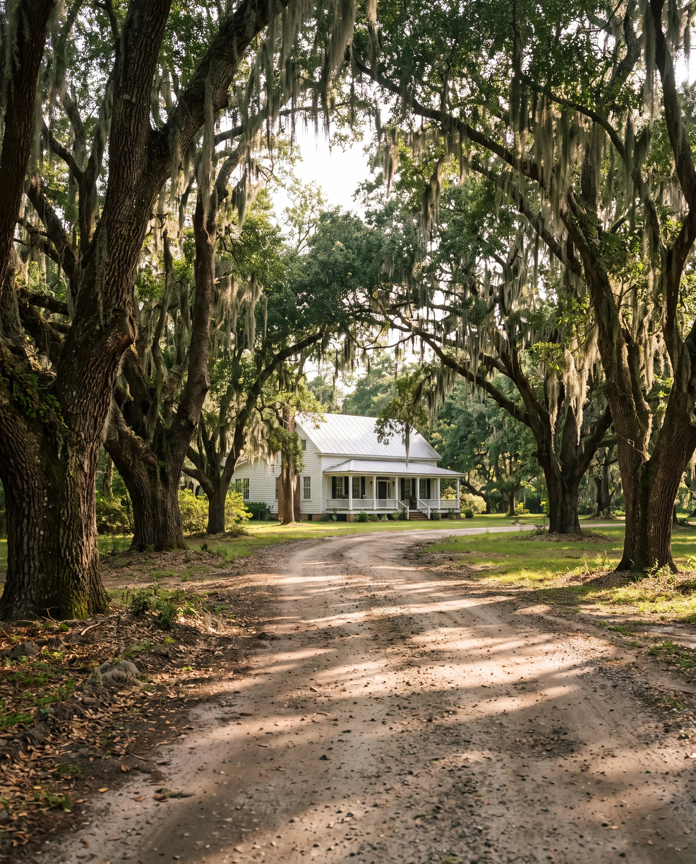 A country road lined with moss-draped live oaks leading to a white farmhouse