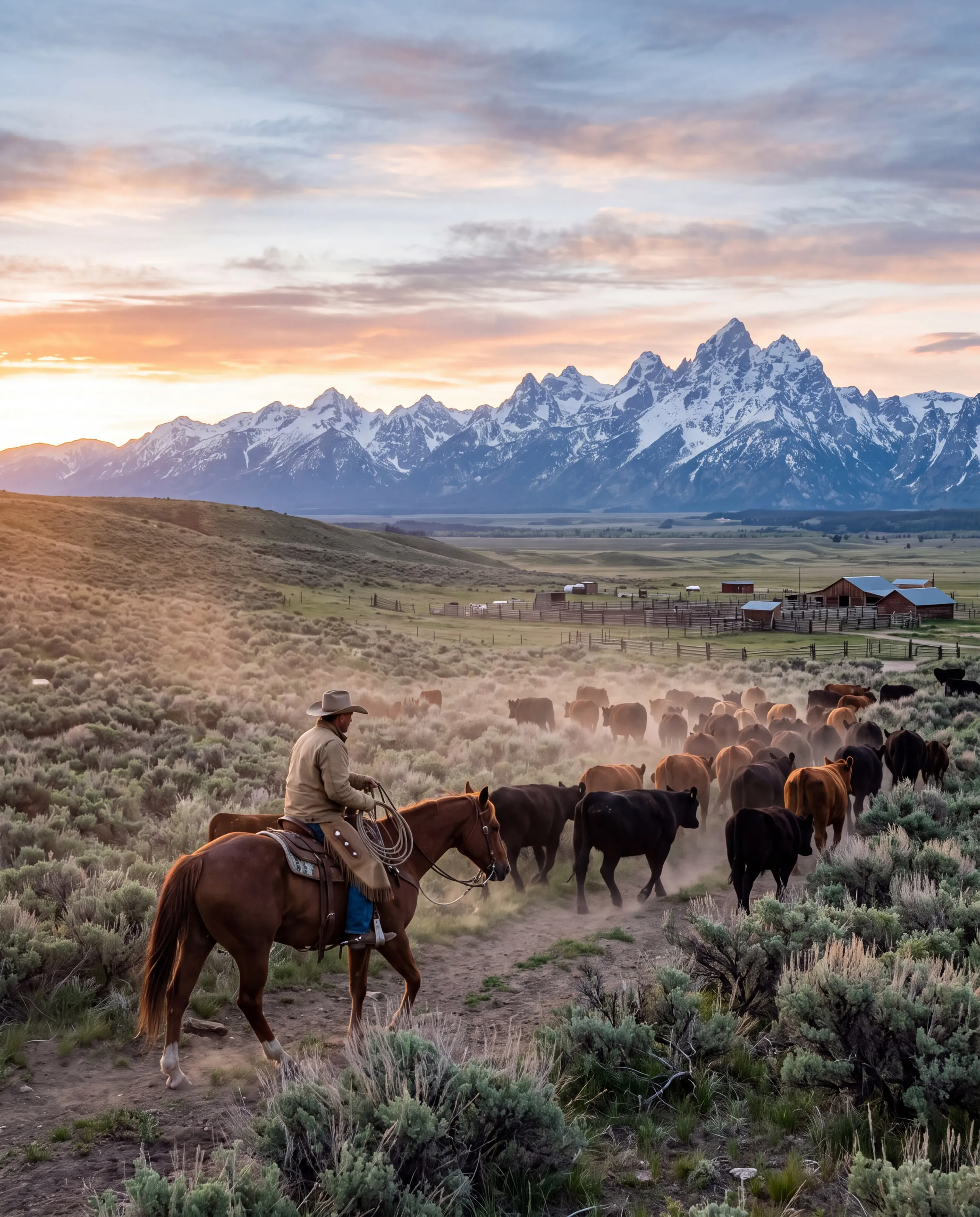 A rancher on horseback moving cattle beneath snow-capped mountains at sunrise