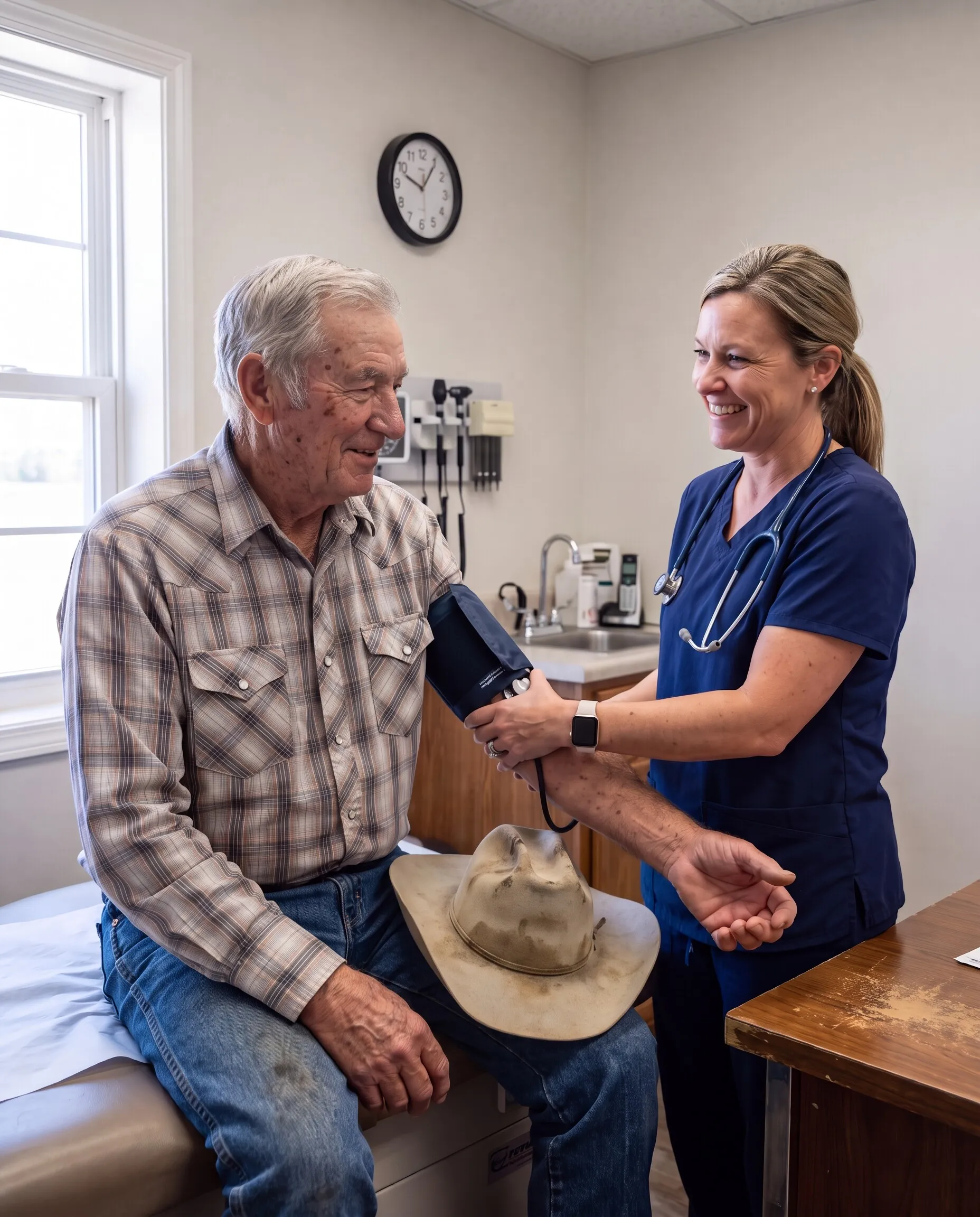 A nurse checking an elderly rancher’s blood pressure in a rural clinic