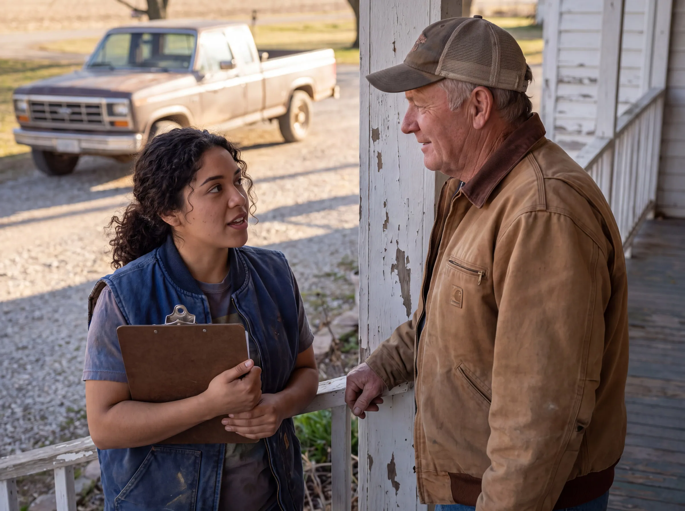 A volunteer with a clipboard talking with a farmer on his porch